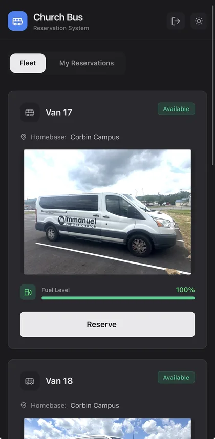 Fleet Reservation System — fleet view with vehicle cards